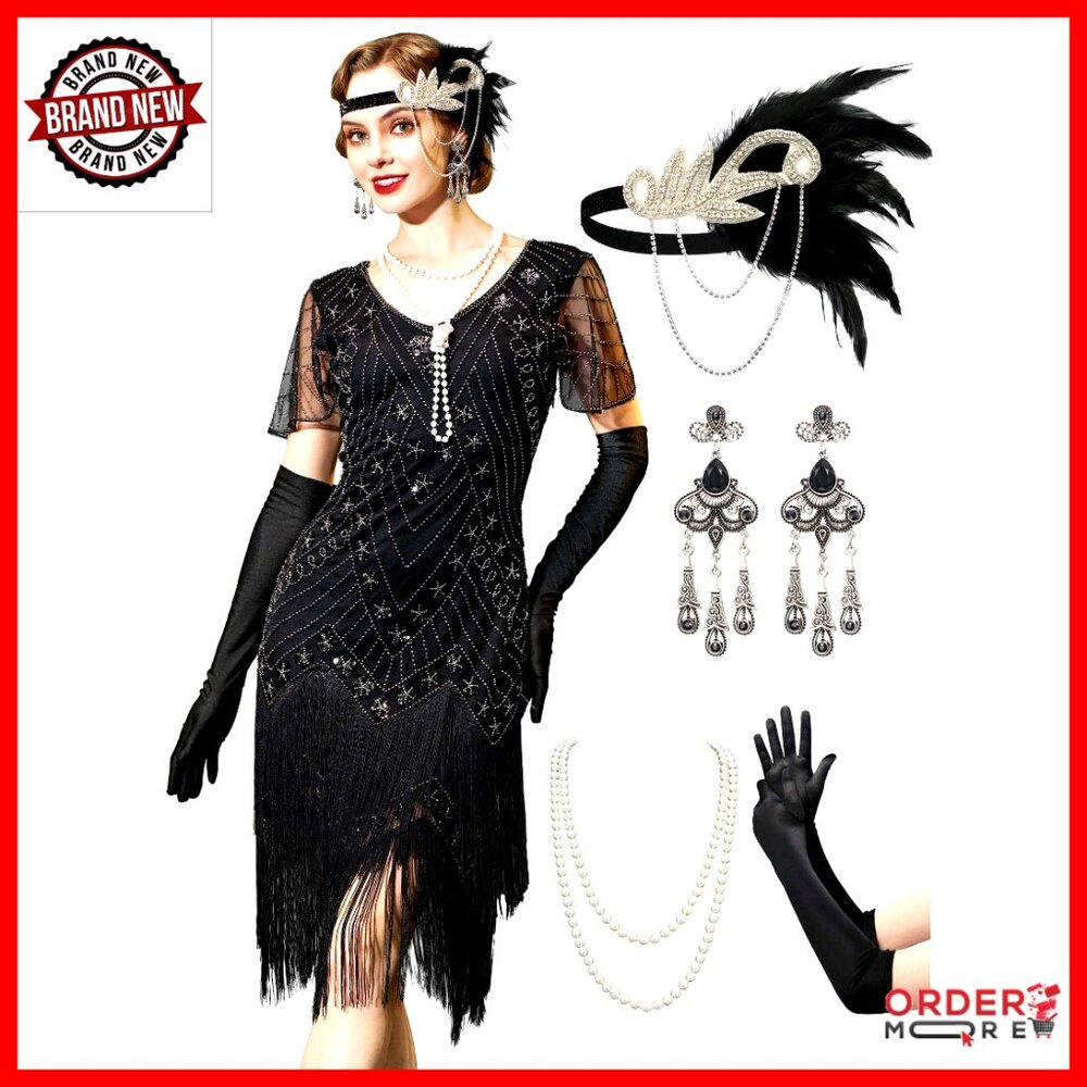 1920s Flapper Dress With Fringe, Mesh Fabric, Great Gatsby Costume